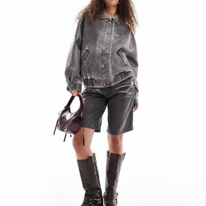 Lioness Kenny Bomber leather look bomber jacket in distressed gray